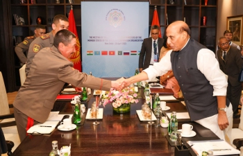 Bilateral Meeting between Hon'ble RM and Minister of Defence of the Kyrgyz Republic H.E. Lt Gen Baktybek Bekbolotov held on 27 April 2023 in New Delhi