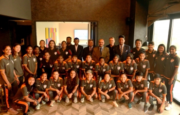 Ambassador Arun K. Chatterjee met Indian National Women's Football Team who were in Kyrgyz Republic for Olympic Qualification Round, 6th April 2023